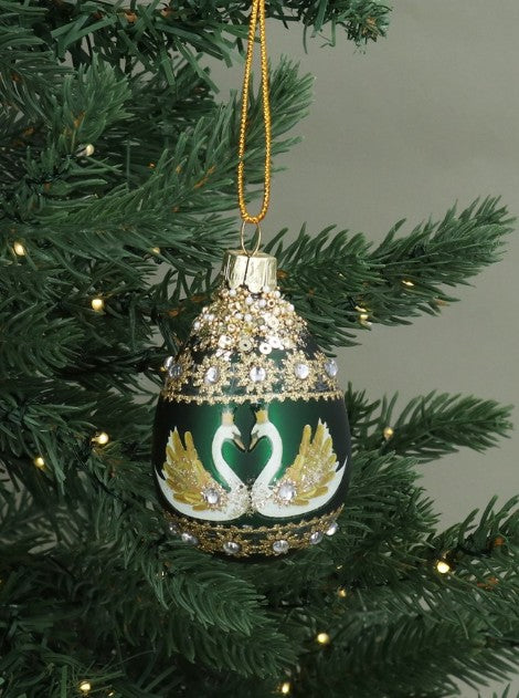 Gisela Graham - Glass Egg - 7cm - Dark Green/Swans
