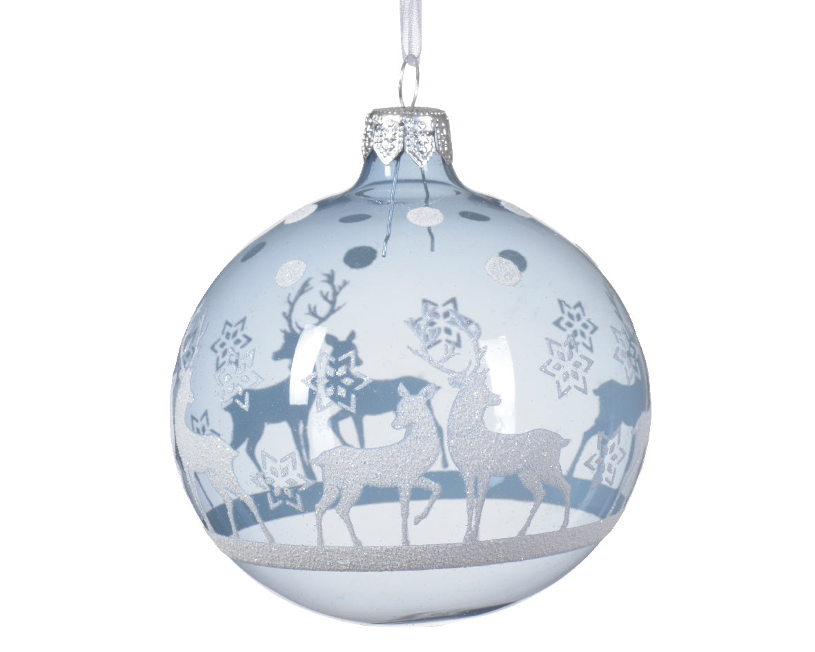 Kaemingk Bauble Glass, Shiny clear Reindeer Hazy Blue Dia8cm