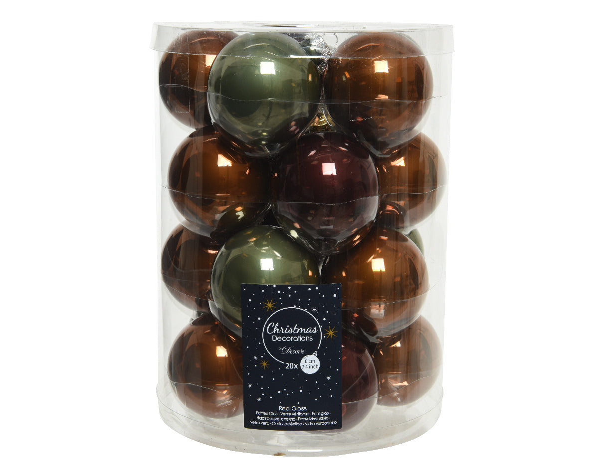 Kaemingk Bauble Glass Enamel Mixed Tube x 20 Redwood Colour dia 6cm