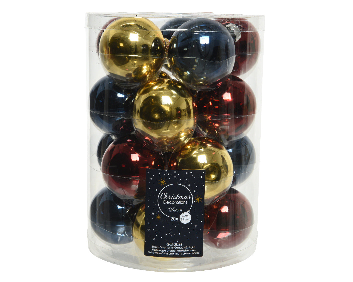 Kaemingk Bauble Glass Enamel Shiny Mix Tube x 20 Night Blue dia 6cm