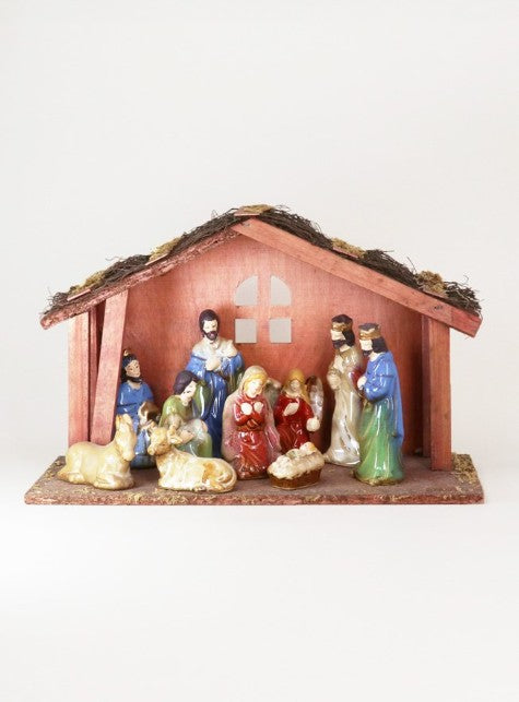 Gisela Graham Ceramic Nativity Set With Wood Stable Set
