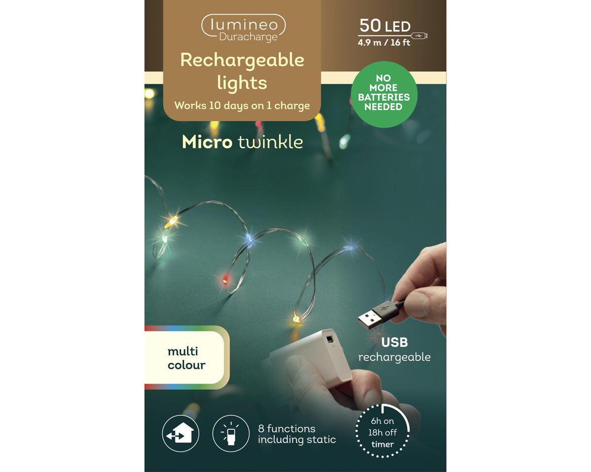 Kaemingk - Duracharge Rechargeable 50LED Lights - 4.9m - Micro twinkle - Multi Coloured - Indoor/Outdoor