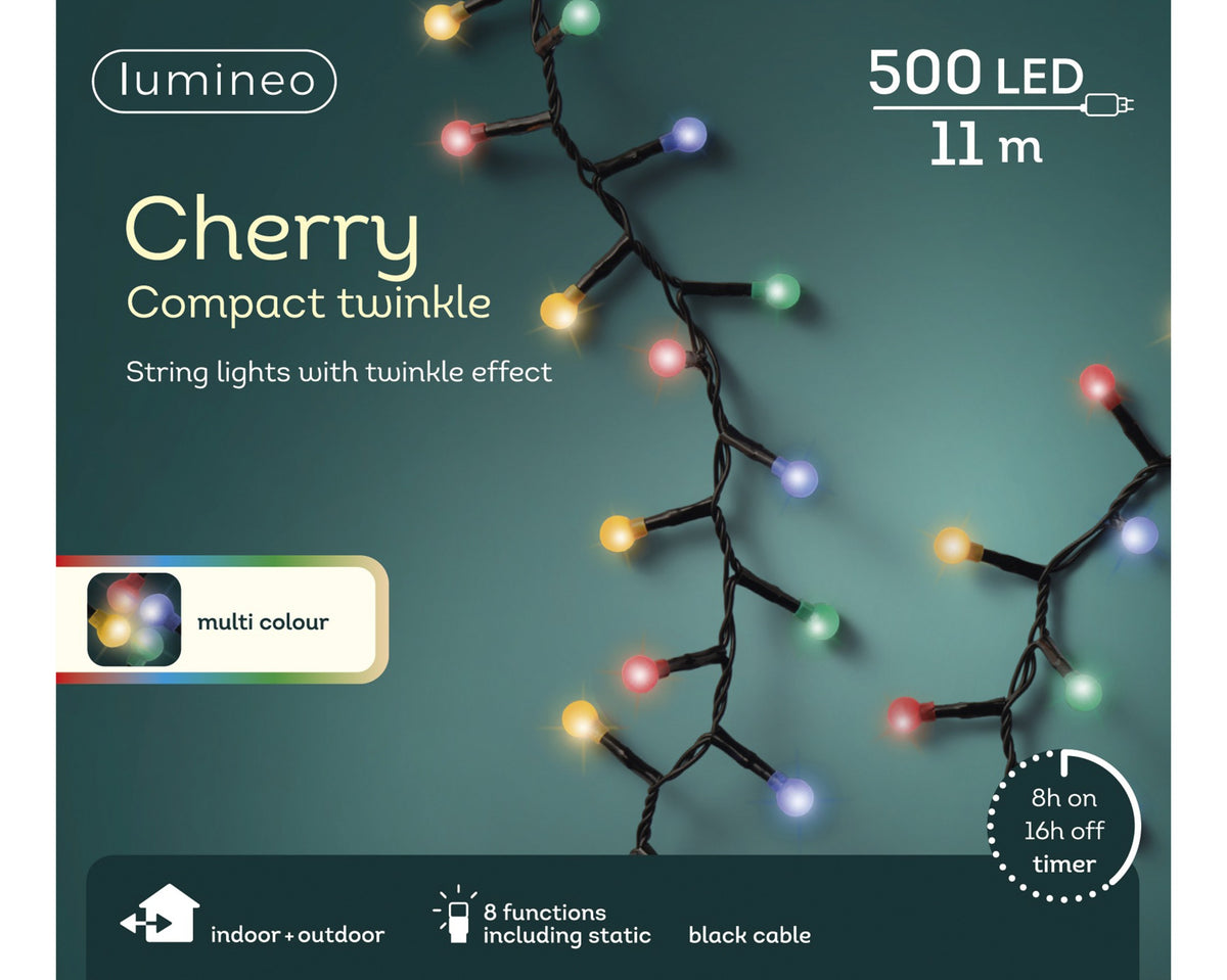 Kaemingk LED cherry lights gb 8 function twinkle effect outdoor Black / Multi Coloured 1100cm
