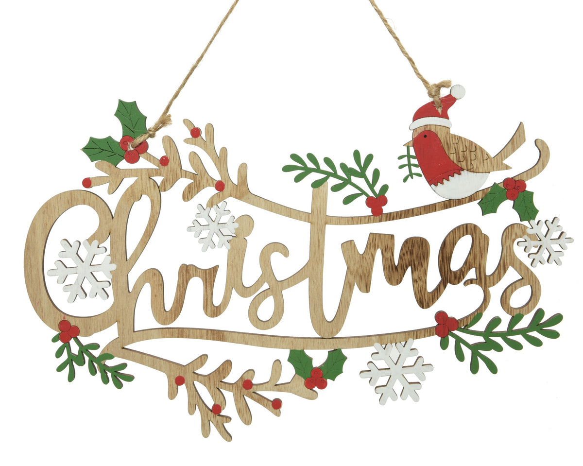 Kaemingk Hanger Plywood With Snowflakes/Robin And Christmas Text