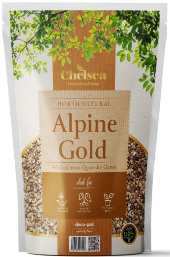 Deco-Pak Chelsea Horti Alpine Gold Pouch at Pengelly Garden Centre shiny gold resealable pouch with botanical label