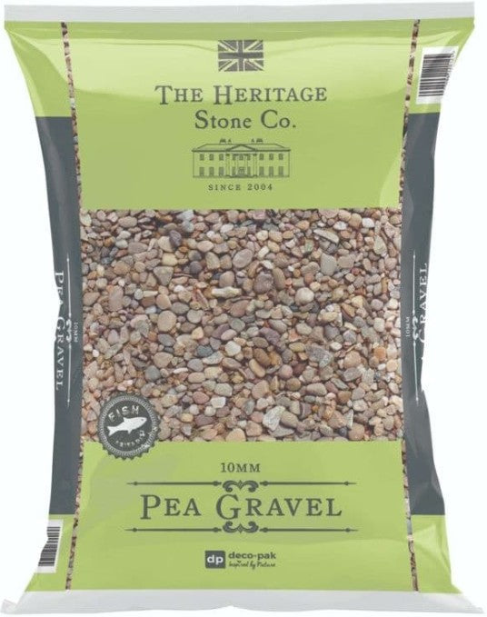 Deco-Pak Horticultural Pea Gravel 10mm pale cream rounded stones in loose pile at Pengelly Garden Centre Cornwall