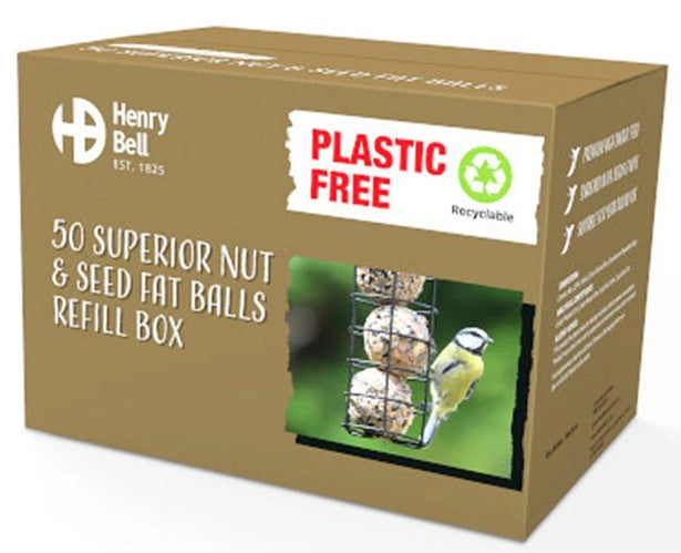 Henry Bell 50 Superior Fat Balls mesh sack of round brown bird feed balls at Pengelly Garden Centre Cornwall