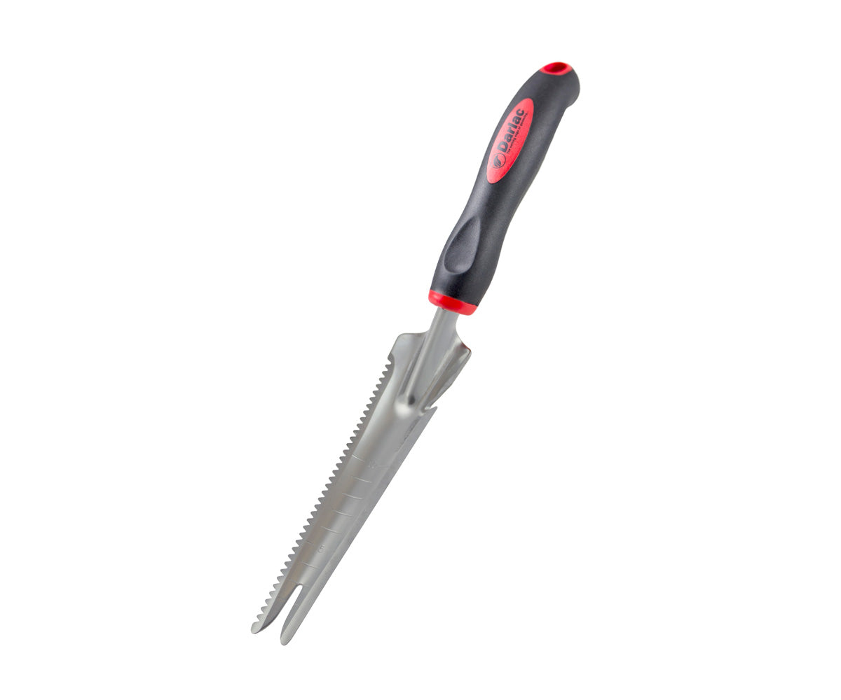 5-in-1 gardening trowel with scooped blade, serrated edge, dibber tip and ruler markings for planting and weeding