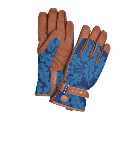 Pair of navy BBGlove gardening gloves with oak leaf print and reinforced palms for planting and pruning