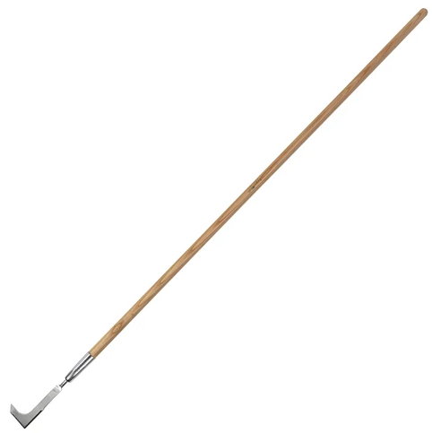 Long-handled block paving knife with metal blade and wooden handle for cutting and trimming block paving