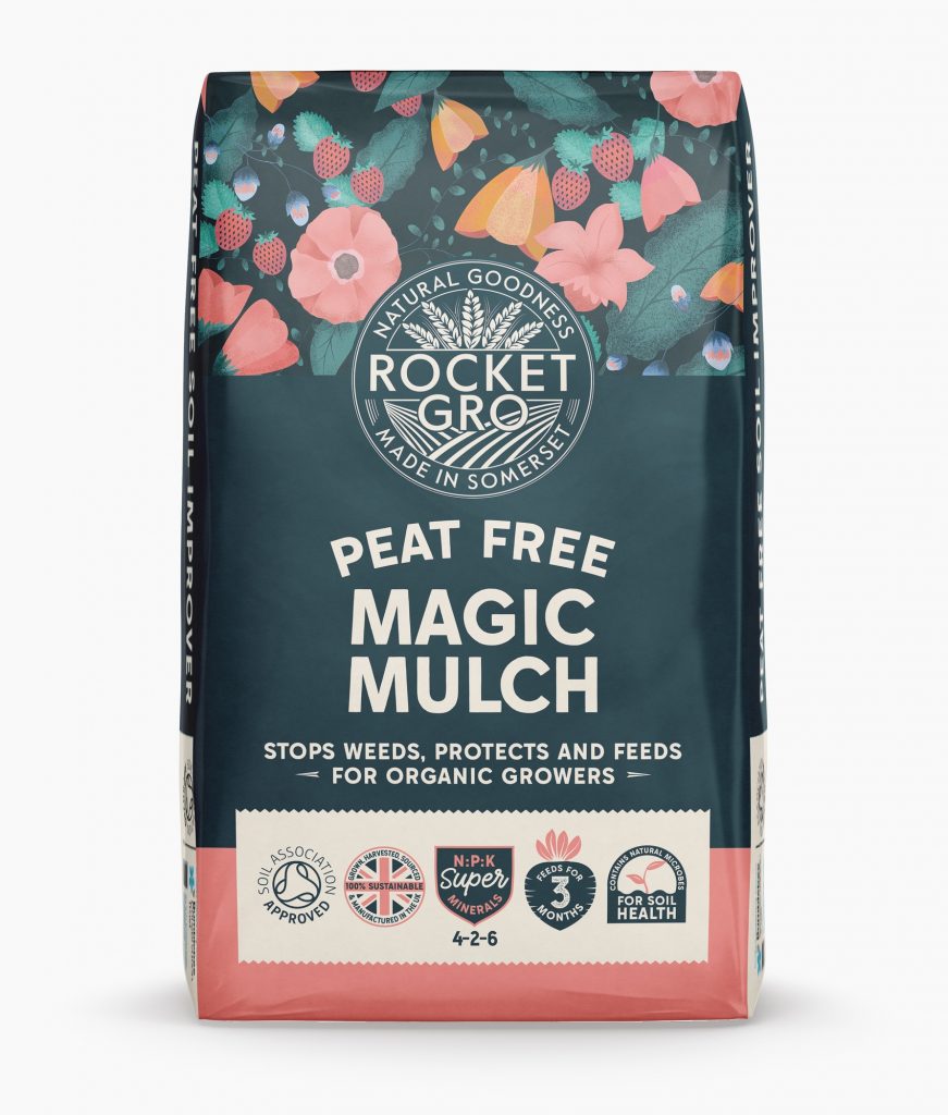 Bag of Magic Mulch premium bark mulch with colourful branded packaging, ideal for garden beds and borders