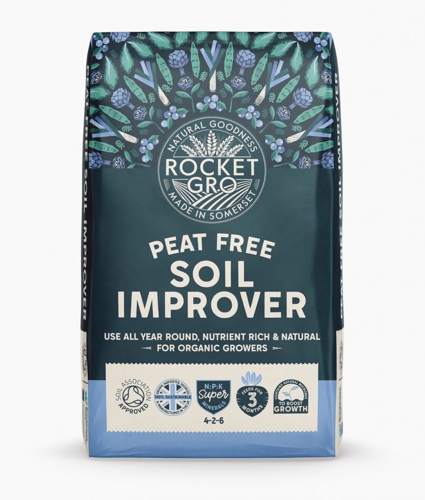 Peat-free soil improver bag with green packaging and plant illustrations, suitable for improving garden soil