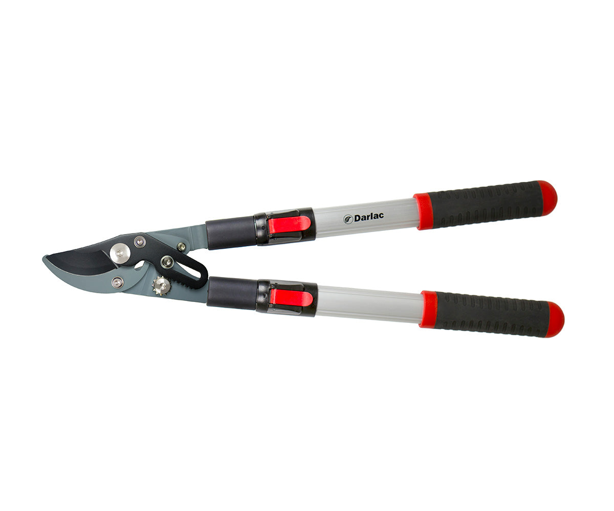 Bypass lopper with long red handles and hardened steel blades for pruning garden branches