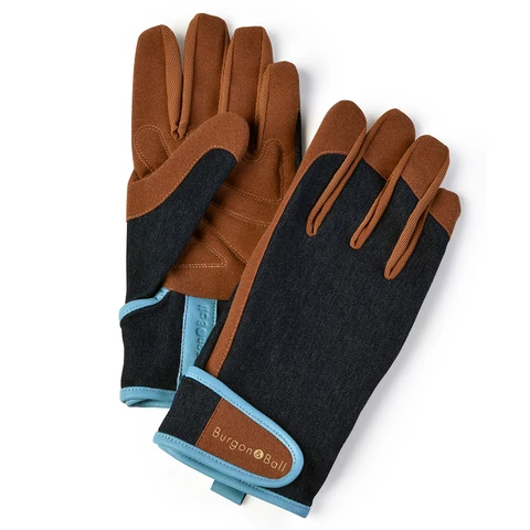 Denim-style gardening gloves on white background