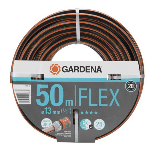 50m expanding garden hose in green with brass connectors and adjustable spray nozzle