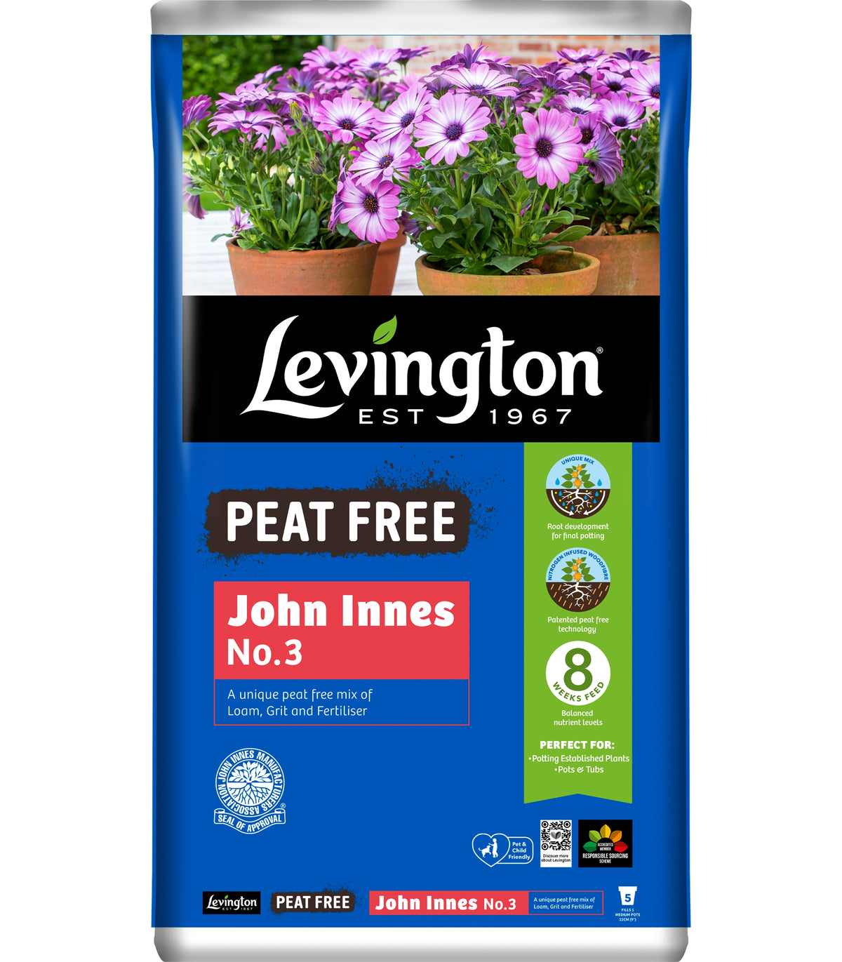 Bag of John Innes No 3 potting compost on shelf, rich multipurpose compost for pots, vegetables and shrubs