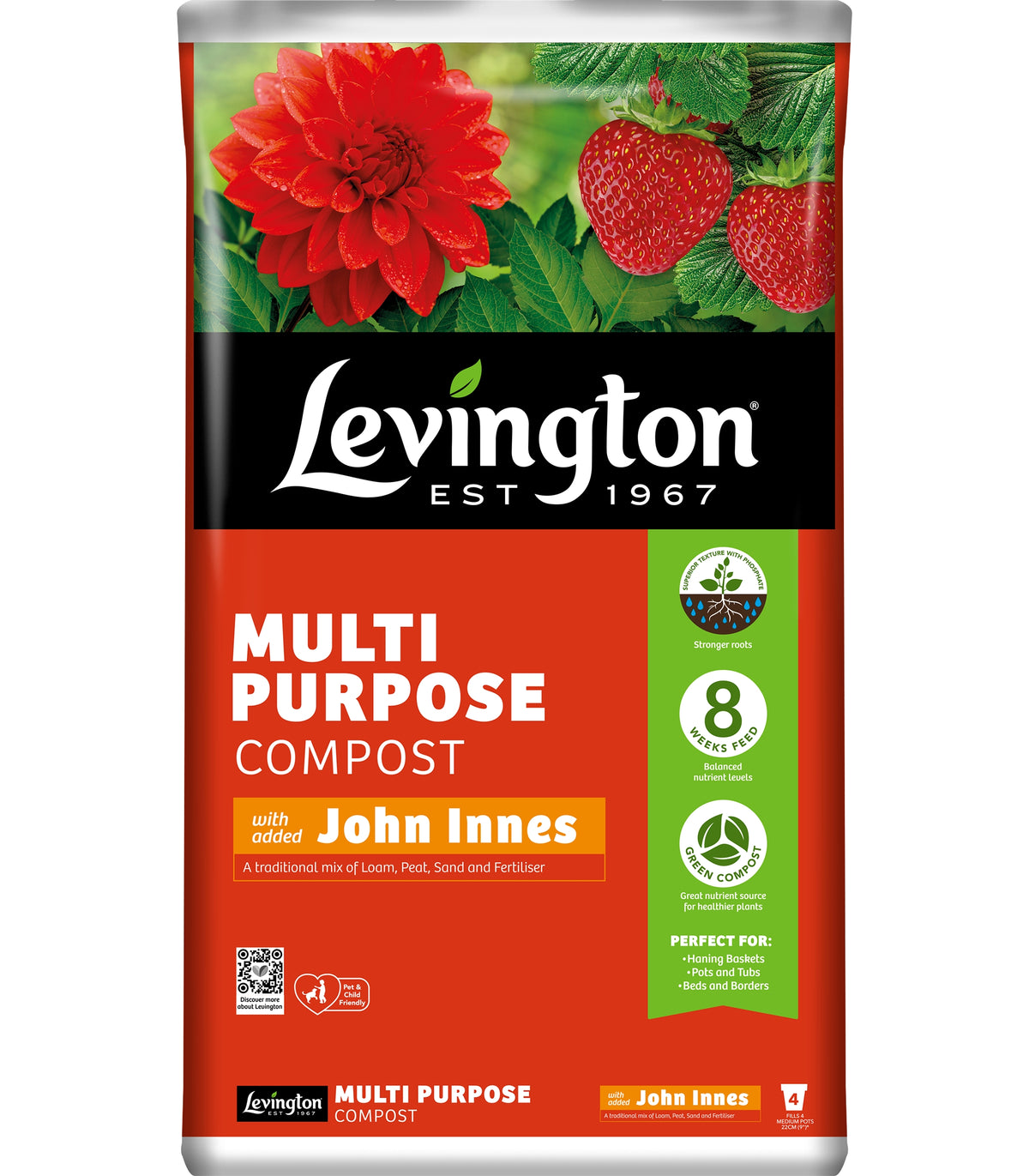 Levington Multi-Purpose Compost with John Innes bag displaying branding and product details