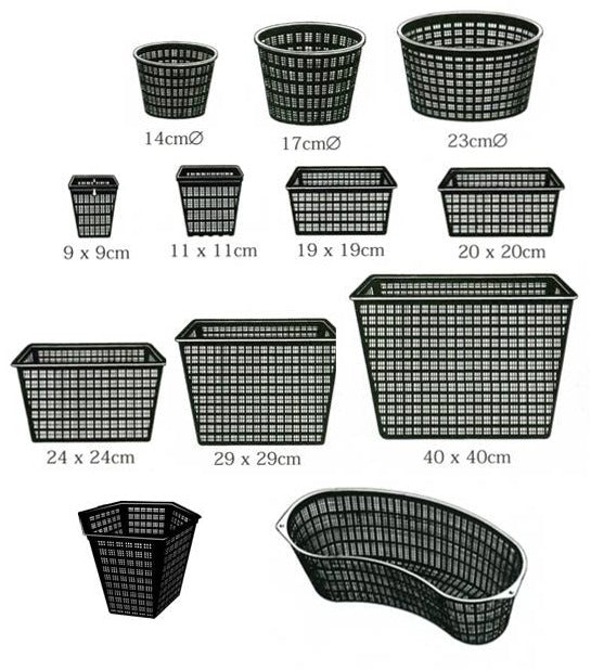 Pair of black pond planting baskets with marginal aquatic plants and gravel for pond planting