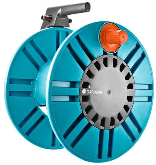 Compact wall-mounted garden hose reel with green hose and hand crank for neat garden watering storage