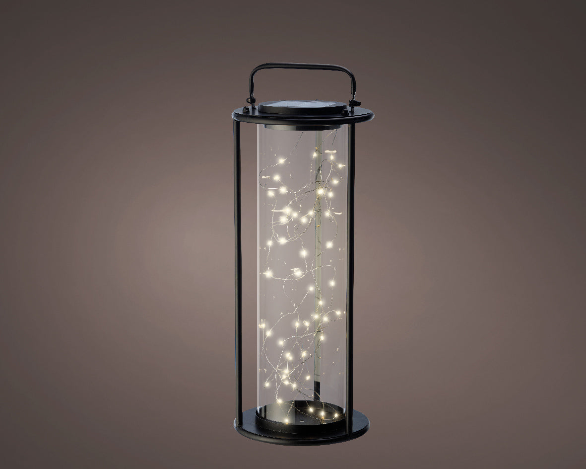 black solar-powered garden lantern with glass panels and metal frame, hanging outdoor LED decorative lighting