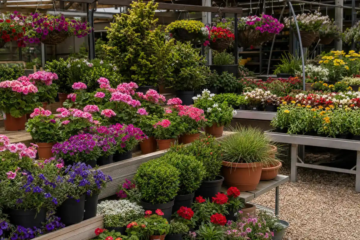 Bedding & Patio Plants at Pengelly Cornwall with trays of bedding, potted patio plants and hanging baskets