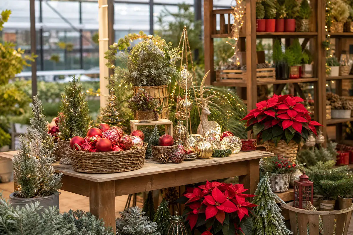 Christmas Decorations & Lights at Pengelly Garden Centre Cornwall showing wreaths, baubles, fairy lights and poinsettias
