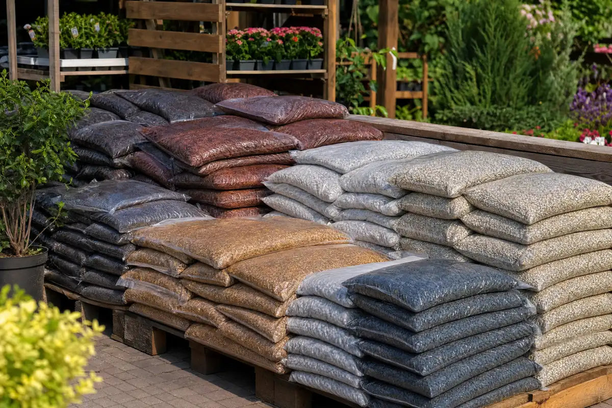Compost, Gravel & Soil collection at Pengelly Garden Centre Cornwall stacked bags of compost, gravel and soil on pallets