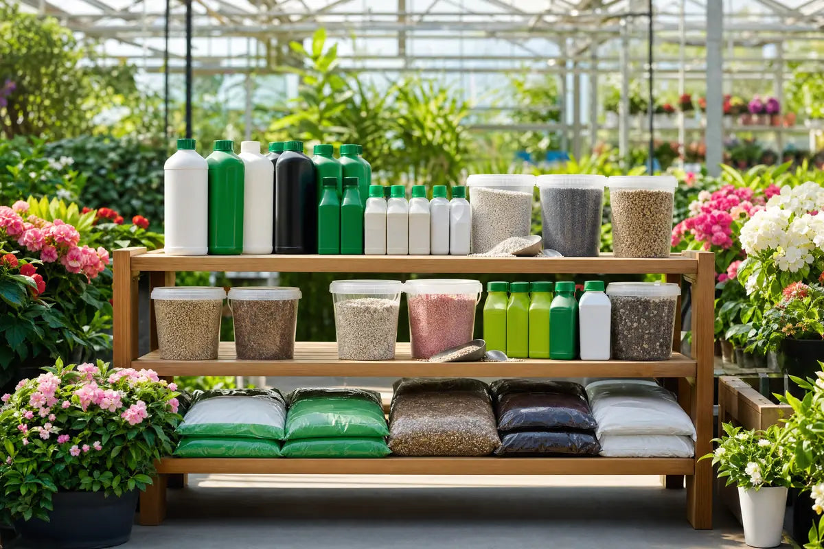 Fertilisers & Plant Food at Pengelly Garden Centre Cornwall bags and bottles of feed beside potted plants