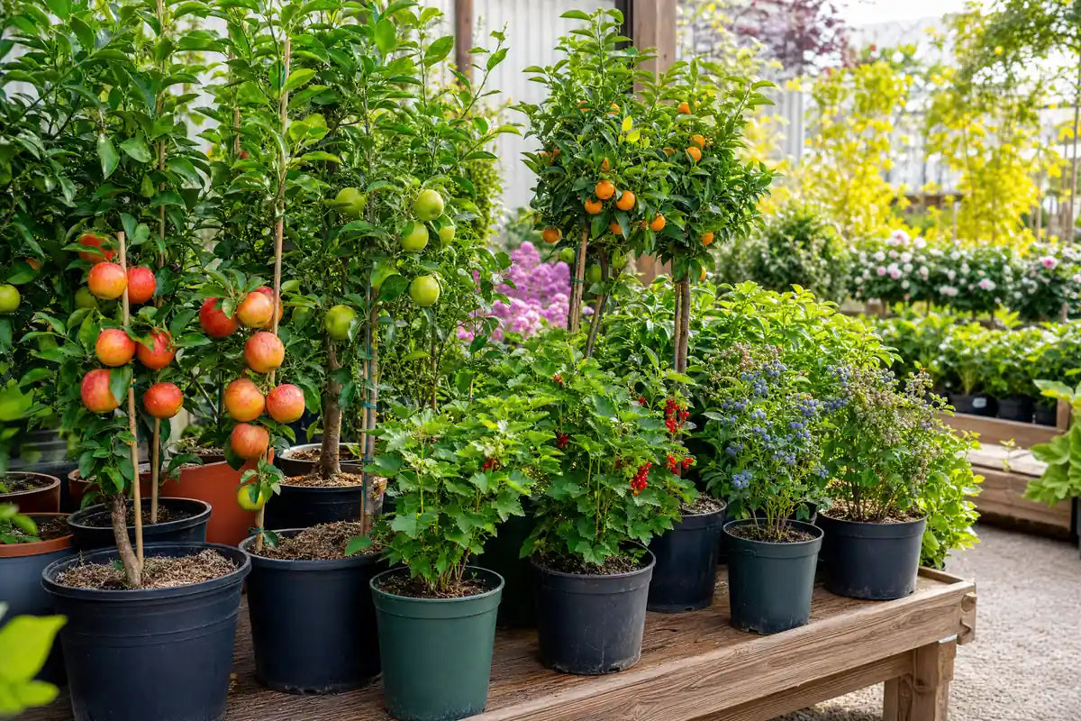 Fruit Trees & Bushes display at Pengelly Garden Centre Cornwall with potted apple, pear and berry bushes on benches
