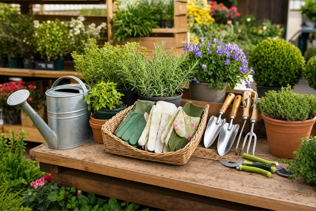 Garden Care & Tools display at Pengelly Garden Centre with rakes, trowels, gloves and potted herbs
