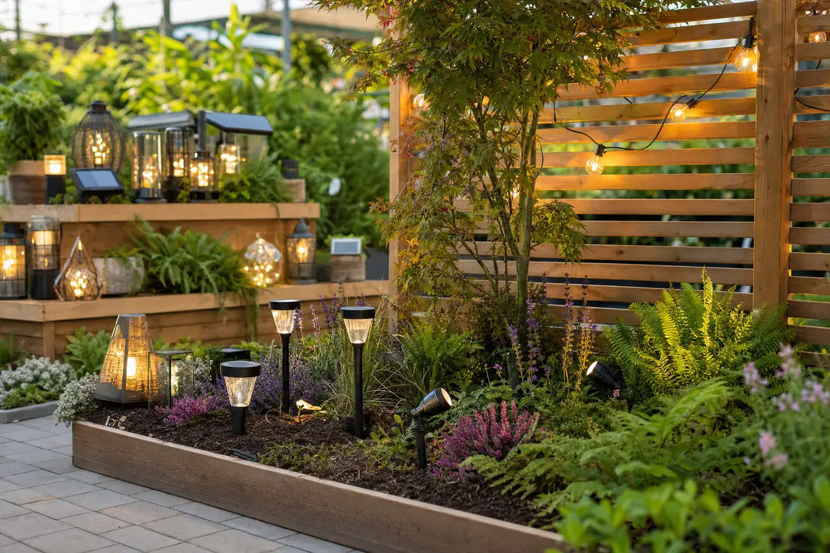 Garden Lighting collection at Pengelly Garden Centre Cornwall with solar stake lights lanterns string lights among plants