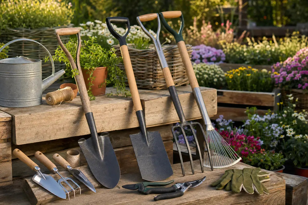 Garden Tools at Pengelly Cornwall showing rakes spades trowels watering cans beside potted plants