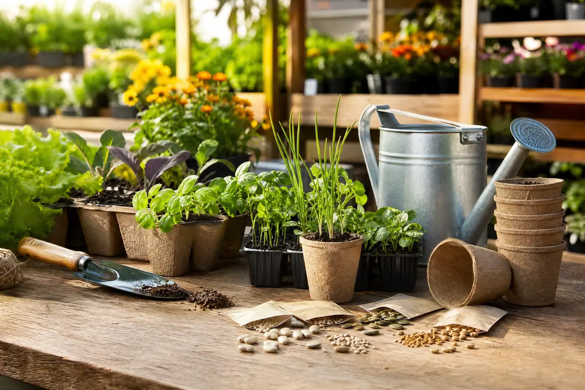 Grow Your Own collection at Pengelly Garden Centre Cornwall display of seed trays, herb seedlings and potted veg