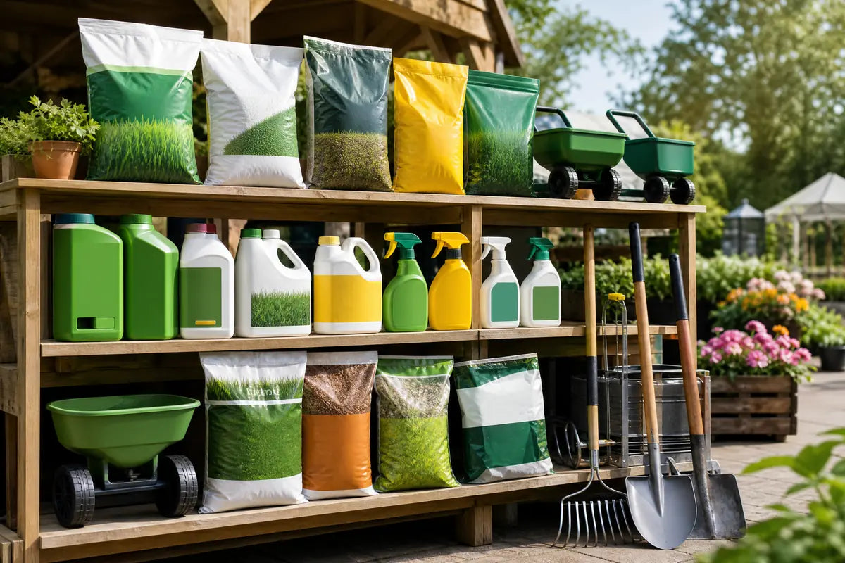 Lawn Care collection at Pengelly Garden Centre Cornwall showing seed bags, fertilisers, lawn mowers and turf