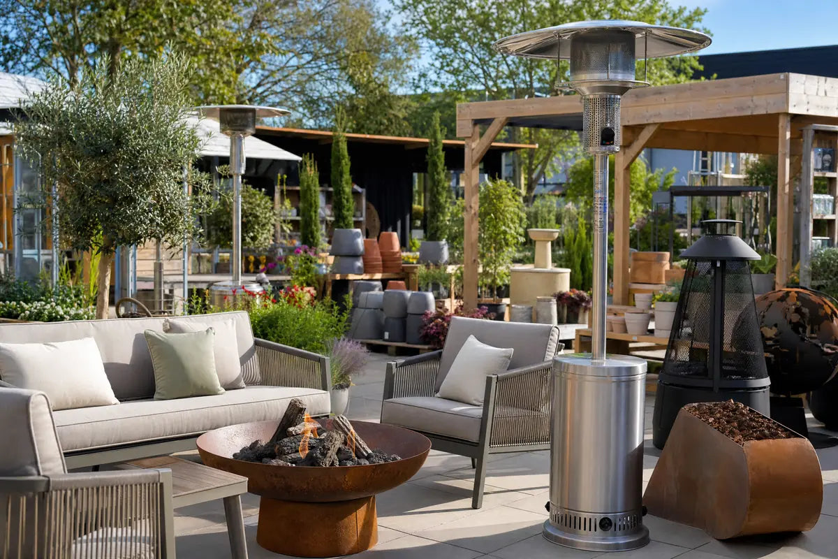 Outdoor Heating & Firepits collection at Pengelly Garden Centre Cornwall with firepits, patio heaters and potted plants