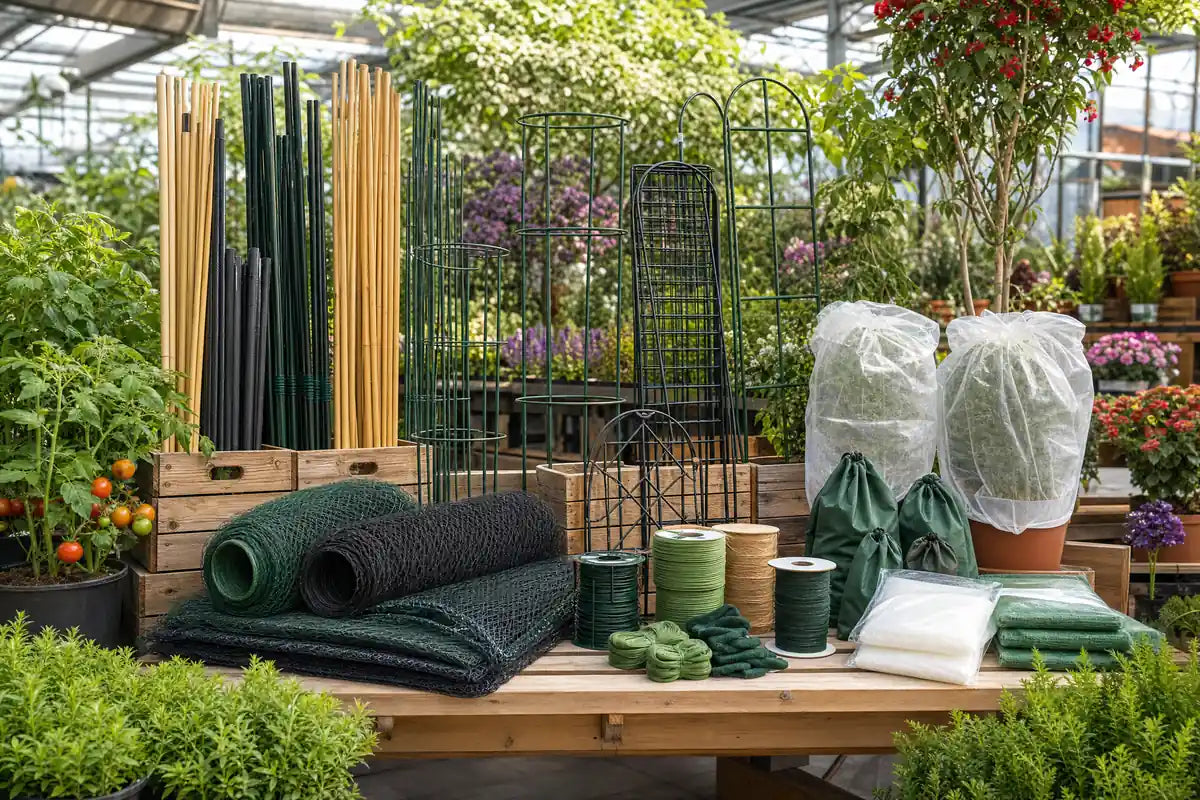 Plant Support & Protection at Pengelly Cornwall with trellises canes nets cloches and plant collars on display