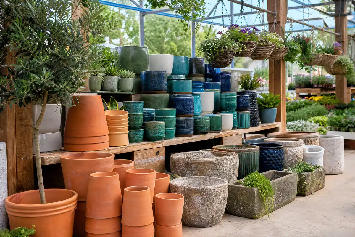 Pots & Planters collection at Pengelly Garden Centre Cornwall showing terracotta and ceramic pots with display plants