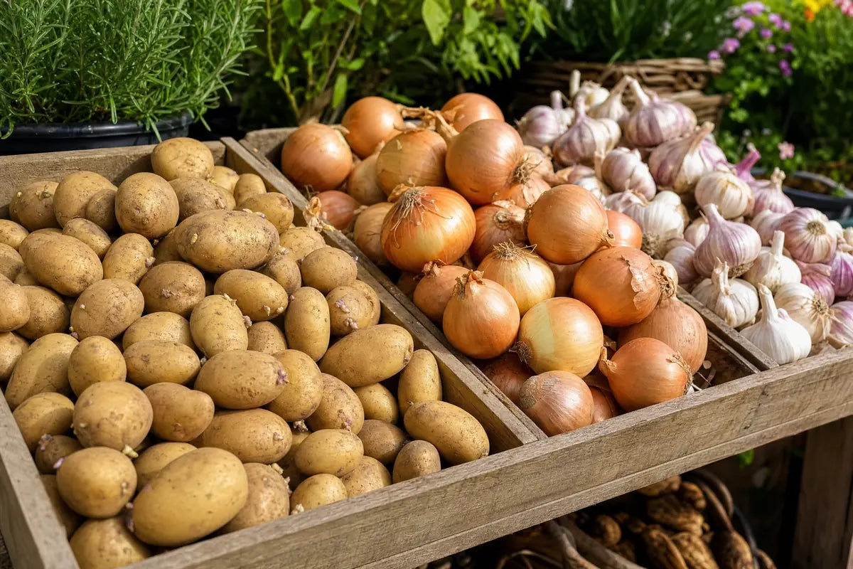 Seed Potatoes, Onions & Garlic at Pengelly Garden Centre Cornwall with bins of seed potatoes, bags of onions and garlic