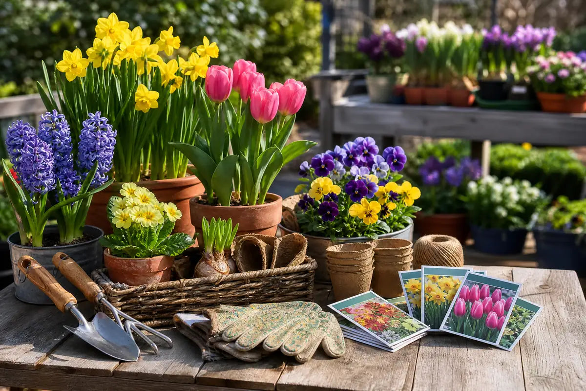 Spring Essentials at Pengelly Garden Centre Cornwall showing potted bulbs, bedding plants, seed trays, compost