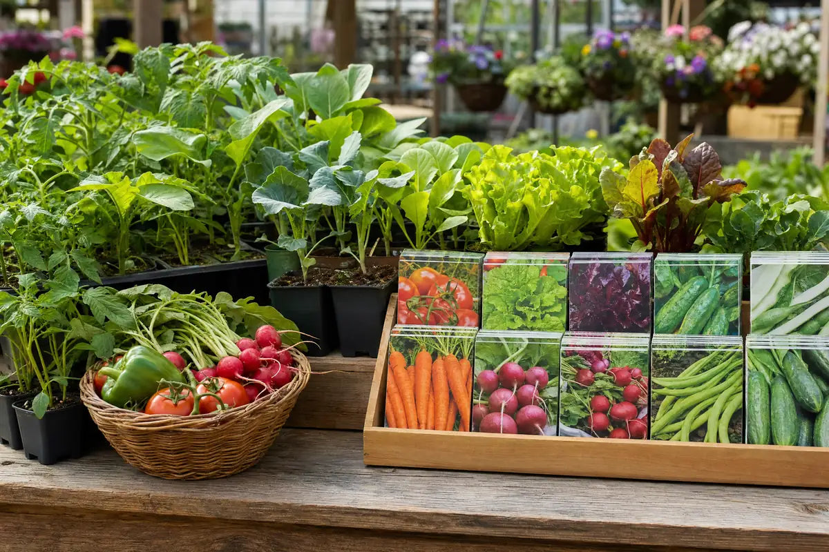 Vegetable Seeds & Plants at Pengelly Garden Centre Cornwall seed packets, seedling trays and potted veg plants displayed