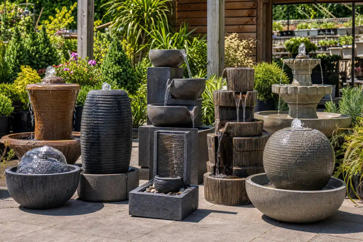 Water Features & Fountains at Pengelly Cornwall showing stone tiered fountains, pond ornaments and water plants