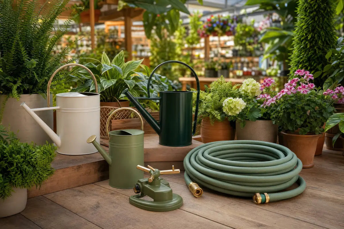 Pengelly Garden Centre Watering collection Cornwall watering cans hoses spray nozzles and potted plants display