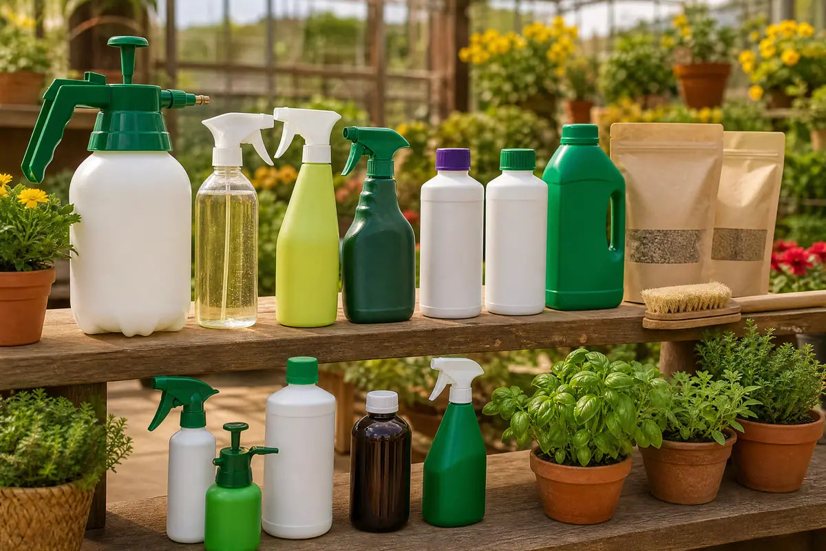 Weed & Pest Control display at Pengelly Garden Centre Cornwall with sprays traps and organic treatments on shelves
