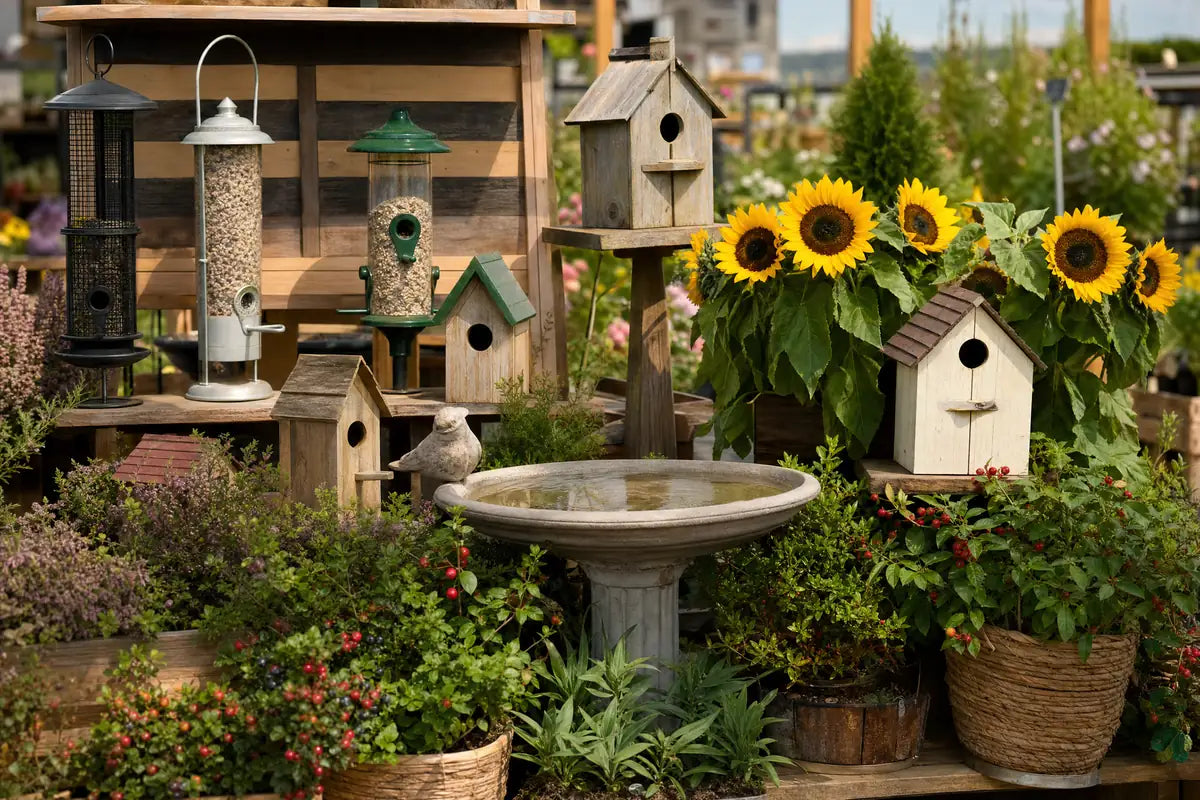 Wildlife & Birds at Pengelly Garden Centre Cornwall showing bird feeders, seed, nest boxes and wildlife plants