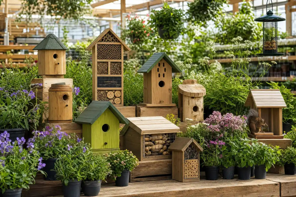 Wildlife Habitats display at Pengelly Garden Centre Cornwall with bird boxes, insect hotels, pond plants and feeders