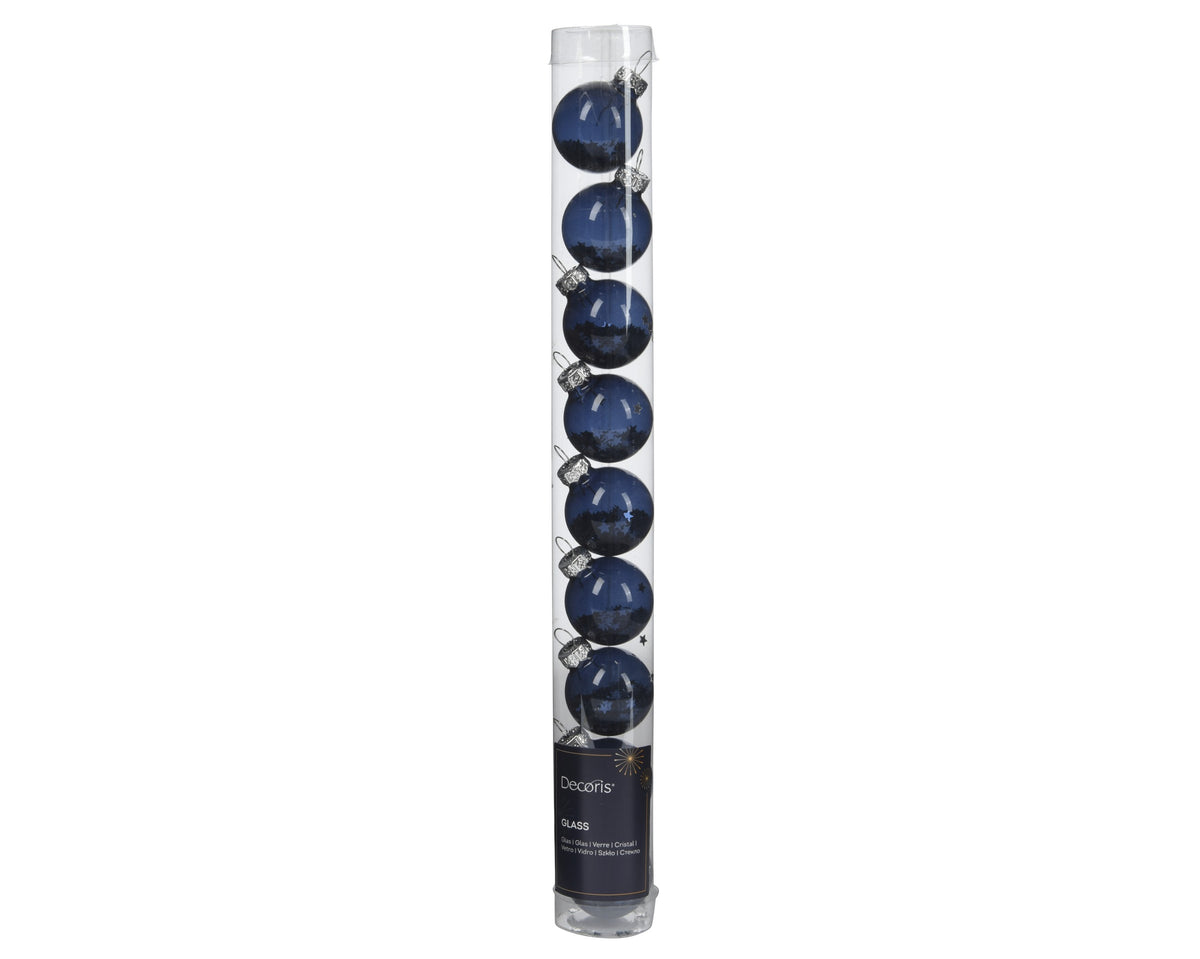 Kaemingk Night Blue Bauble Glass Unsilvered Star Sequin Tube of 9