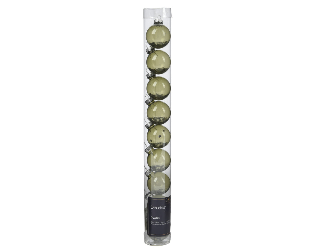 Kaemingk Rosemary Green Bauble Glass Unsilvered Star Sequin Tube of 9