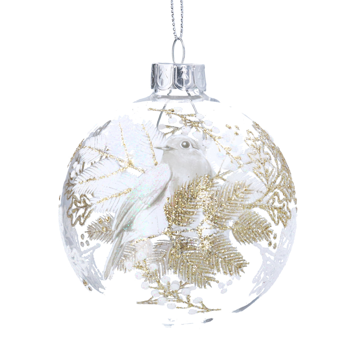 Gisela Graham - Glass Ball 8cm - Clear Robin with sprays