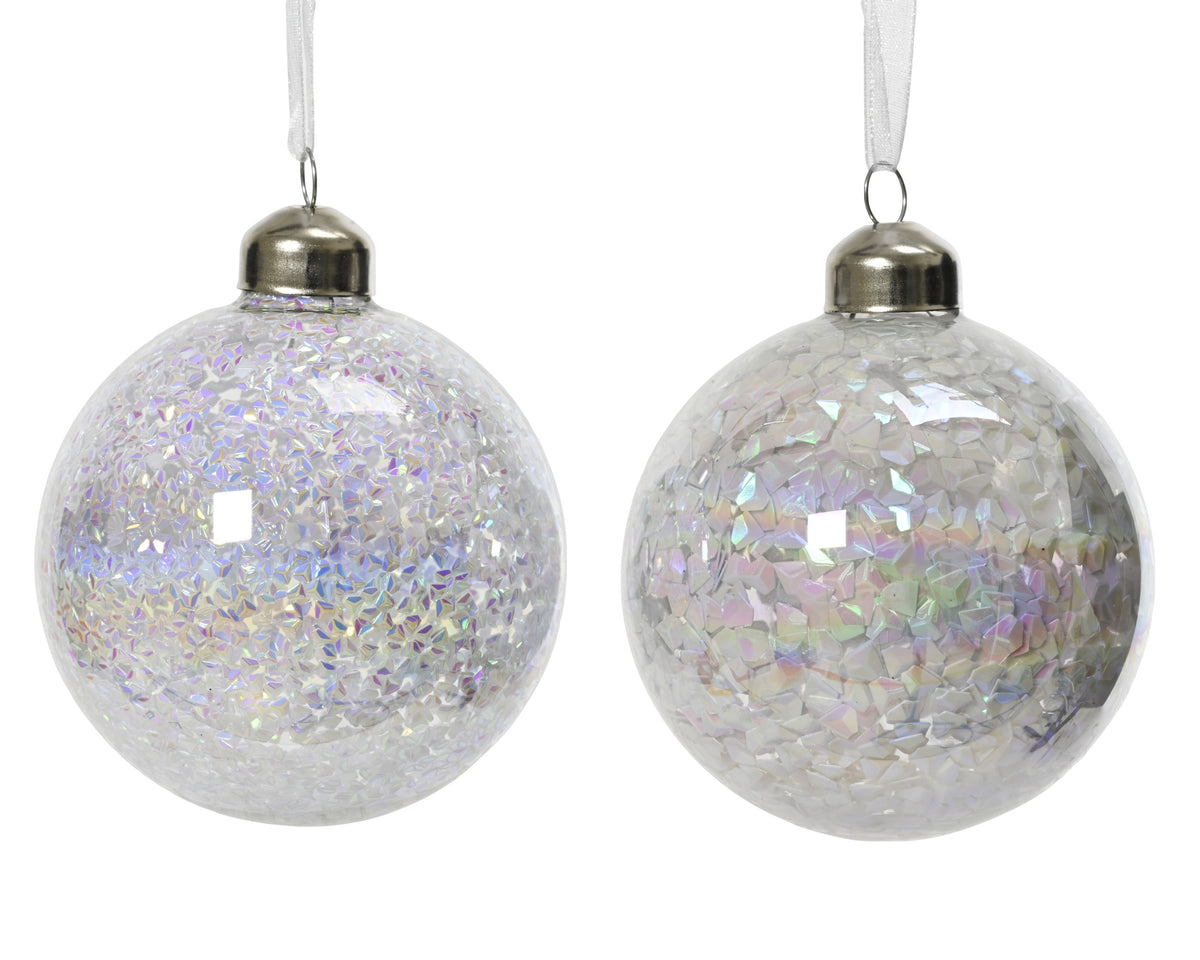 Kaemingk Bauble Glass Iris Finish With Sequin Spangles Winter White dia8cm