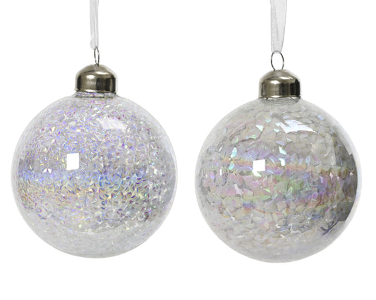 Kaemingk Bauble Glass Iris Finish With Sequin Spangles Winter White dia8cm